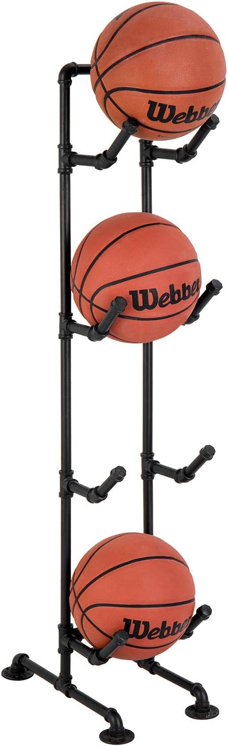 mygift 4 tier rustic industrial black metal pipe basketball volleyball and sports ball storage organizer rack