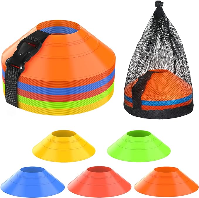 ‎touqiao 50 pack soccer cones with strap carry bag multi color 7 2 inch  ‎touqiao b0bw9l9w83