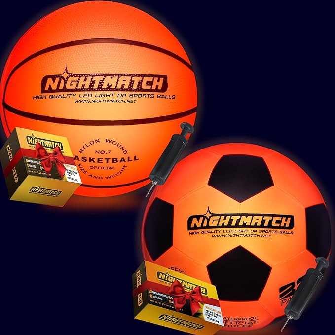 nightmatch waterproof size 7/5 led light up basketball with 2 leds 8 extra batteries football pump 