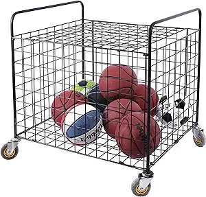 mygift metal rolling multi sports ball storage hopper and basketball football soccer equipment cart 