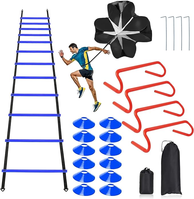 ‎rainmae speed and agility ladder training equipment set includes 12 rung 20ft agility ladder 4 hurdles 