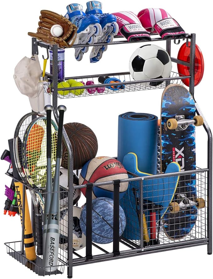 ‎toutnd garage sports equipment storage organizer with baskets and hooks easy to assemble  ‎toutnd
