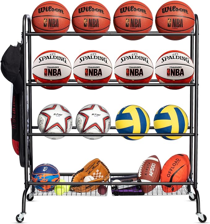 extcct basketball rack rolling shooting training stand sports equipment storagefor basketballs footballs etc 