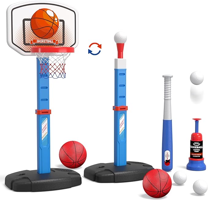 hyes 2 in 1 kids basketball hoop and t ball set adjustable height kids  hyes b0c7gsslx4