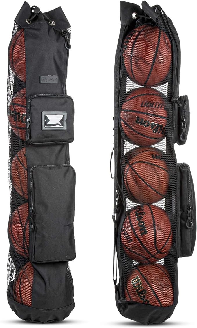 fitdom heavy duty xl basketball mesh equipment ball bag w/shoulder strap with 2 front pockets for sport
