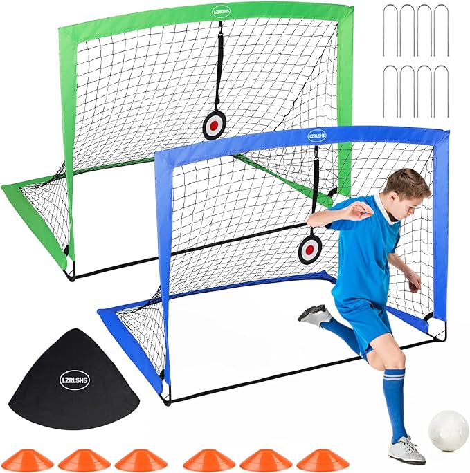 ‎lzrlshs 2 pack kids soccer goals for backyard beach lawn size 4x3ft soccer aim target and ground stake 