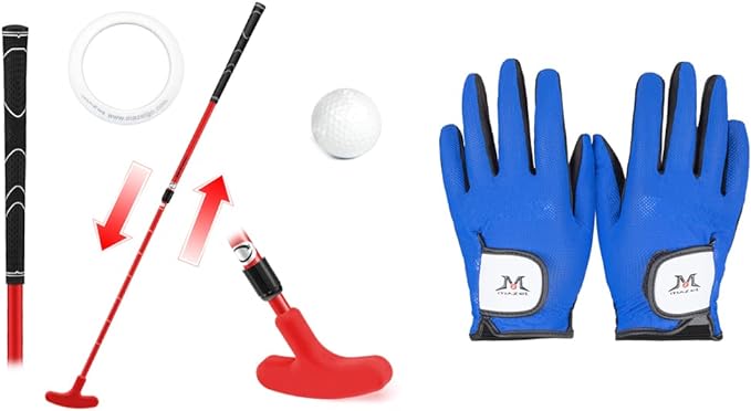 mazel retractable red kids putter and children golf gloves m size blue  ‎mazel b09zqnh13r