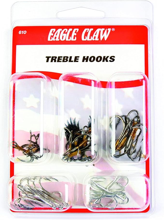 eagle claw treble hook assortment short fishing hooks for freshwater fish 25 hooks sizes 6 to 2 multi one