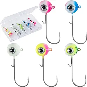 alownder 20pcs fishing jig heads with 3d holographic eyes round salt/freshwater walleye lures hooks 