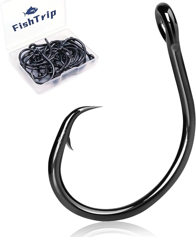 fishtrip circle hooks saltwater in line fishing hooks 3x strong for catfish 25pcs black/high carbon steel 