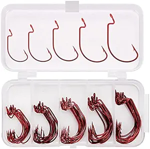 huki 50pcs 5 size bass fishing hooks with barb freshwater saltwater black with one clear box  ‎huki