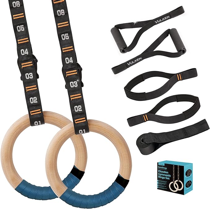vulken wooden gymnastic rings with adjustable numbered straps 1 25 olympic rings for core workout 8 5ft 