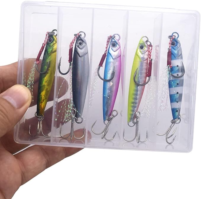 ?annibby 5 pack lead jigs fishing lures saltwater 7g 21g metal jigging spoon bass lure kit  ?annibby