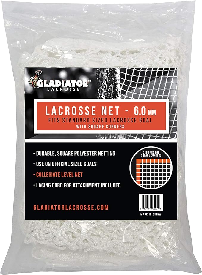 ?gladiator lacrosse 6mm heavy duty replacement lacrosse goal net 6 x6 for professional goals level white 