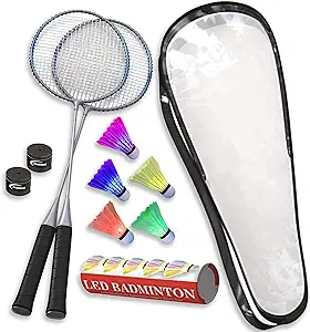 trained premium quality badminton rackets pair of 2 lightweight and sturdy with 5 led shuttlecocks 