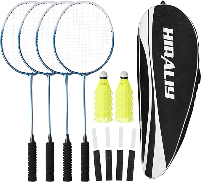 Hiraliy Badminton Rackets Set Of 4 For Outdoor Backyard Games Including 4 Rackets 12 Nylon Shuttlecocks 4 Replacement Grip Tapes Large Size