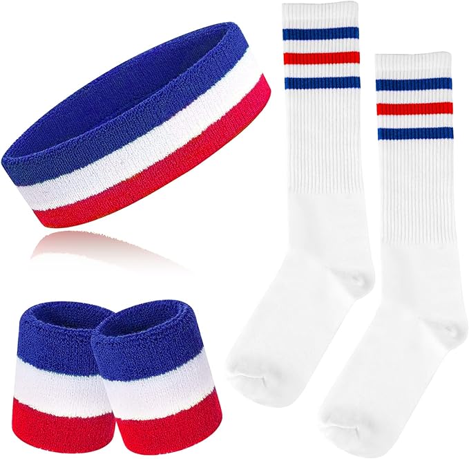 ?onupgo 5 pieces sweatbands striped socks set sports headband wristbands high tube socks 80s accessories for