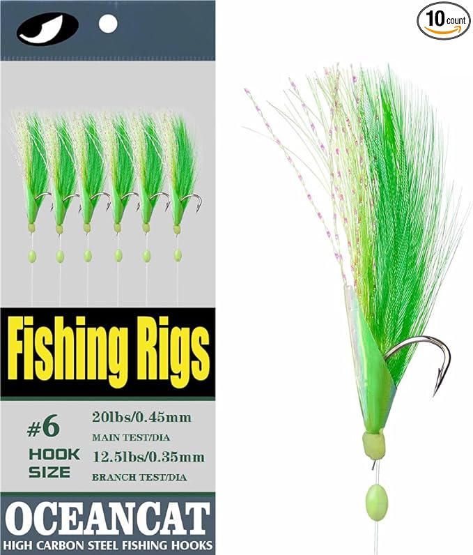 ocean cat 10 packs green feather fish skin 6 hooks fishing rigs with string hooks glow fishing  ‎ocean cat