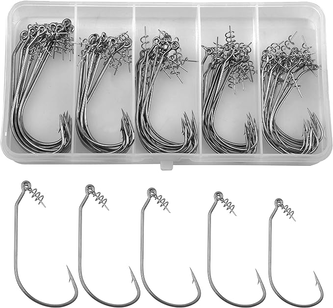 ?silanon twist lock fishing hooks with centering pin 55pcs bass fishing worm lures baits 5 sizes  ?silanon