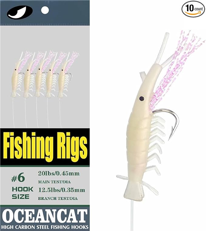 ocean cat 10 packs luminous shrimp fishing rigs glow with string hooks for freshwater saltwater  ‎ocean cat