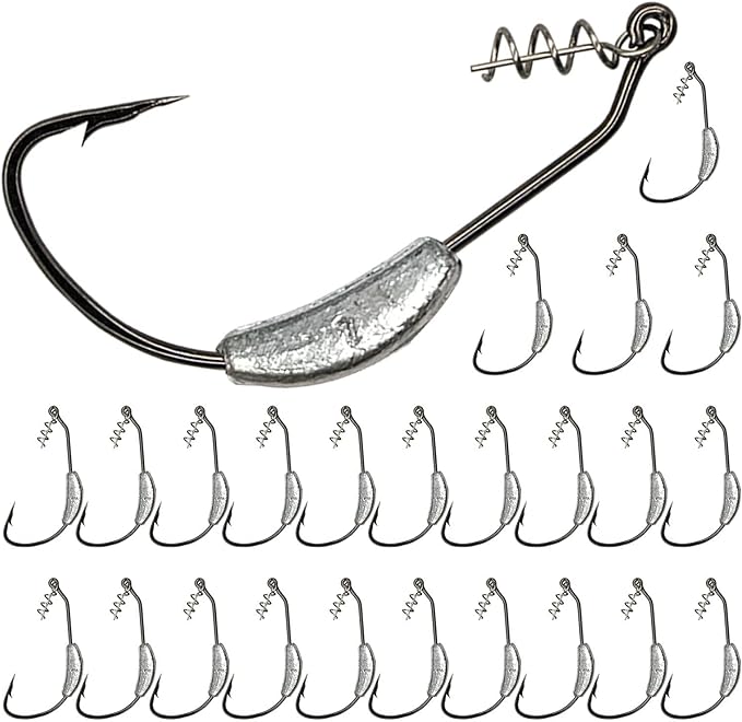 uperuper 25 pack weighted swimbait hooks soft plastic worm fishing hooks 1/0 2/0 3/0 4/0 5/0  ‎uperuper