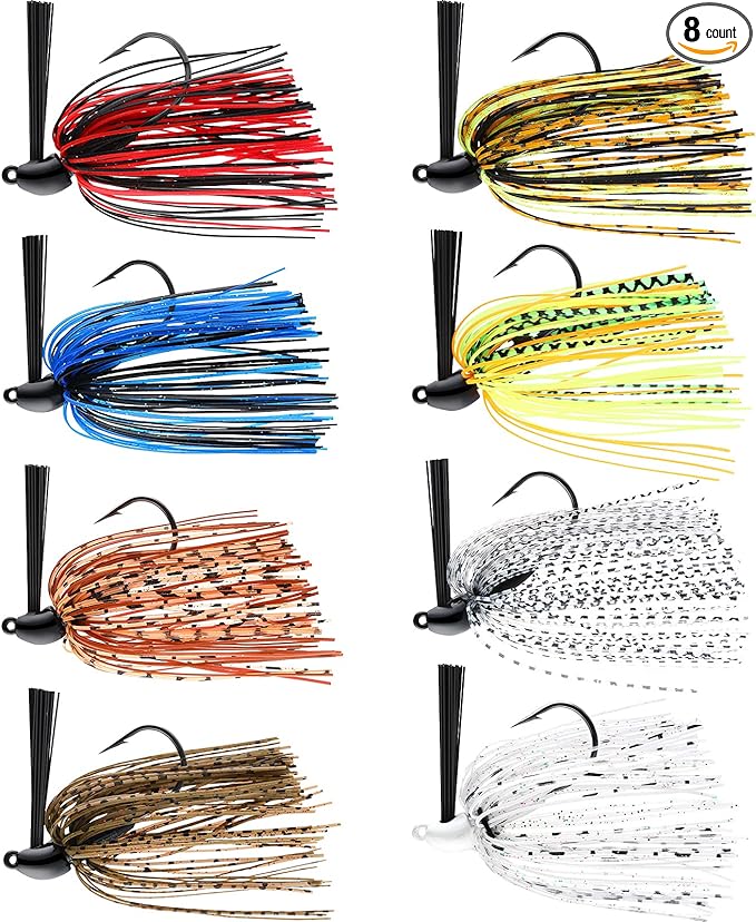 ?sumind bass fishing jigs 8 pieces weedless football swim jigs head silicone skirts weed guard colorful 10 g/