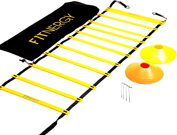 f1tnergy speed and agility ladder training equipment yellow 12 rung cones plus 4 pegs and d rings soccer