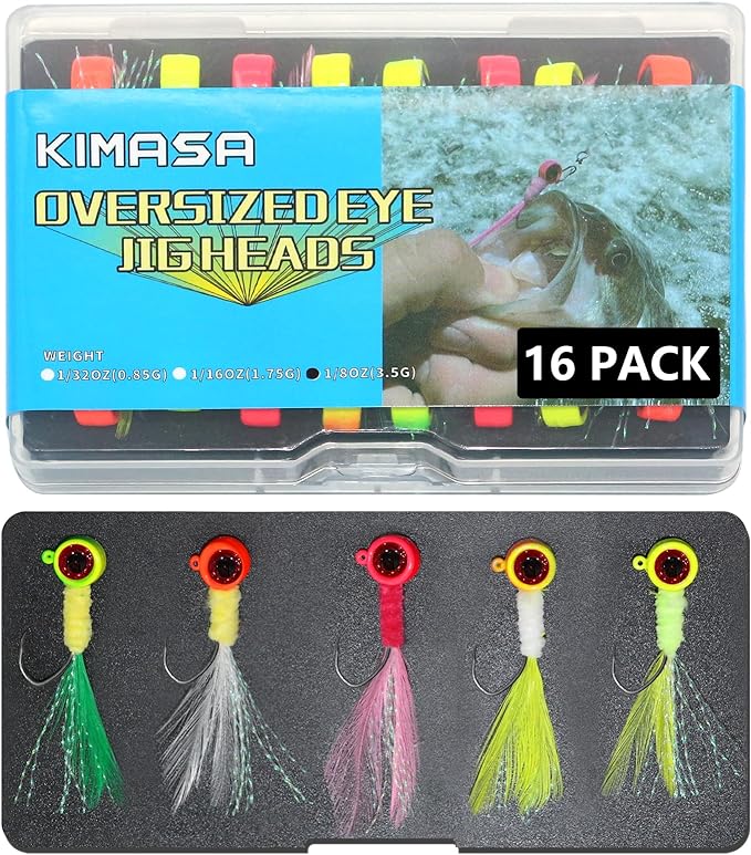 kimasa crappie fishing jig heads kit 16pcs 1/8oz 1/16oz feather jigs flash in the dark  ?kimasa b0cf9scv3y