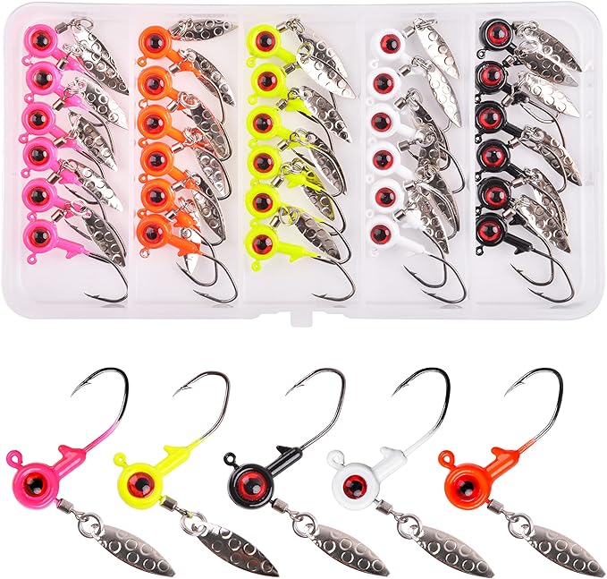 ?orootl crappie jig heads fishing hooks kit 30pcs underspin with spinner blade saltwater freshwater 1/16 1/8