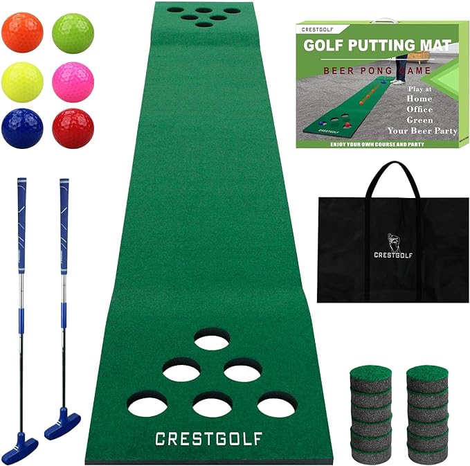 ‎crestgolf golf pong mat game set green mat golf putting mat with 2 putters 6 golf balls 12 golf hole