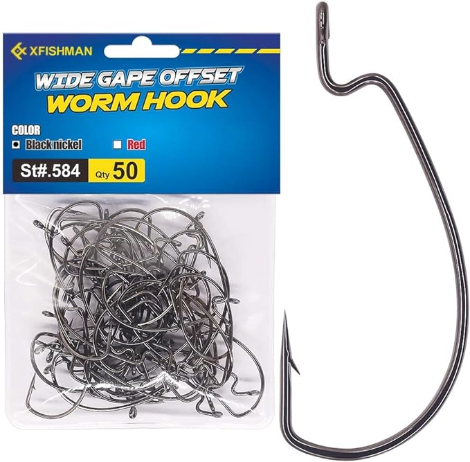 ?xfishman offset worm hooks for bass fishing rubber worms black red colored 1/0 2/0 3/0 4/0  ?xfishman