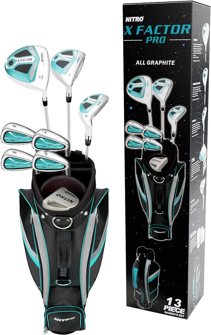 nitro golf x factor 13 piece golf set all graphite ladies right handed teal/silver large  ?nitro golf