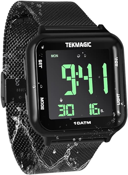 tekmagic 100m waterproof luminous scuba diving watch with stainless steel watch strap dual time display 12/24