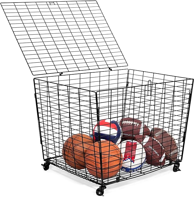 birdrock home sports ball basket organizer with wheels heavy duty casters lid  birdrock b08y744lkj