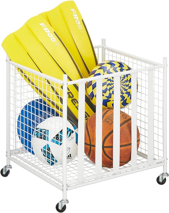 mdesign metal rolling sports equipment bin holder rack for garage gym holds sports  mdesign b09nczrtyc