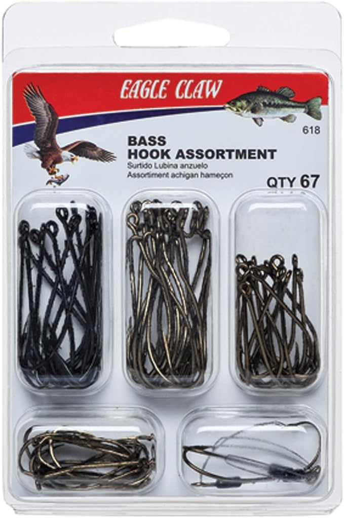 eagle claw bass hook assortment fishing hooks for freshwater bass 67 hooks sizes 1 to 3/0 brown  ?eagle claw