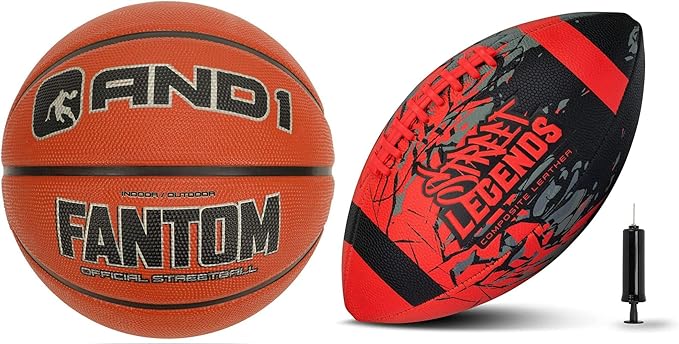and1 basketball and street legends youth football bundle official regulation size 7 rubber basketball