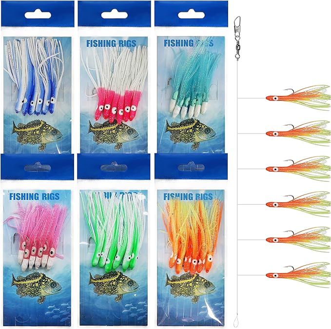 ‎orootl fishing rigs saltwater fishing bait rigs kit 6pcs luminous surf fishing rigs with glow soft squid