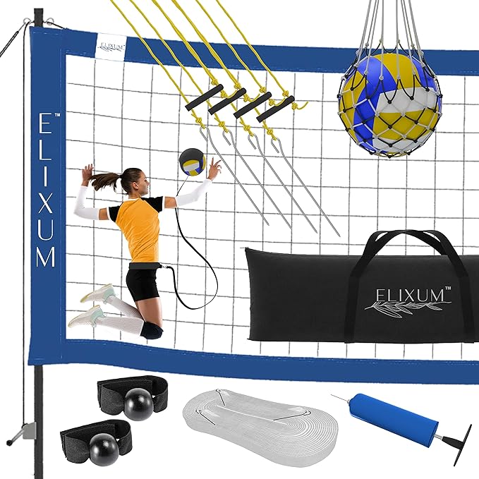 Elixium Volleyball Net Set Heavy Duty Steel Poles For Outdoor/Backyard/Beach Portable And Adjustable Tension With Winch System Includes Scoreboard Ball Carry Net Spike Trainer And Hand Strap