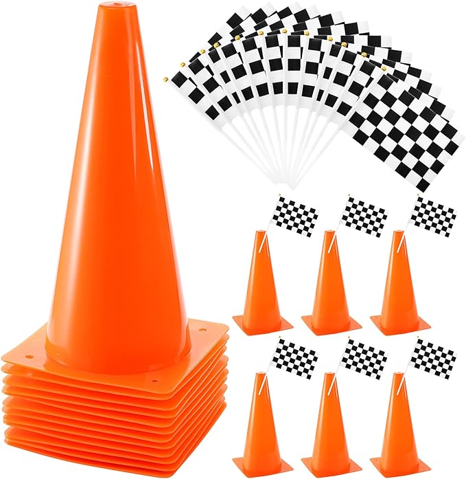 Bekith 12 Pack 12 Inch Plastic Traffic Cones With Racing Chequered Flags Orange Agility Sports Cones Thick Soccer Training Cones For Outdoor Activity Festive Events Fitness Training