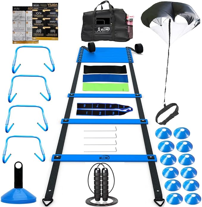 Mlcini Agility Ladder 1 Agility Training Equipment 1 Resistance Parachute 4 Adjustable Hurdles 12 Disc Cones 1 Jump Rope 3 Resistance Band 1 Yoga Band Agility Speed Training Equipment For Youthandadults