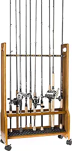 old cedar outfitters double sided heavy duty rolling rack for fishing rod storage holds up to 32 fishing rods