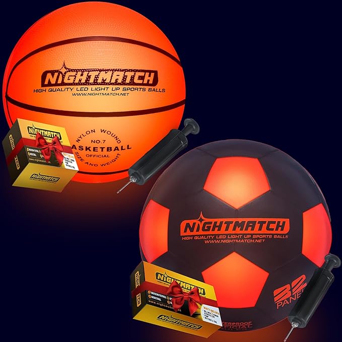 nightmatch light up led soccer ball official size 5 extra pump and batteries plus size 7 and size 5 led light