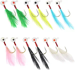 yzd 12 piece crappie jig head fishing lure hook with feather fly fishing panfish sunfish hair jig bait 1/16oz