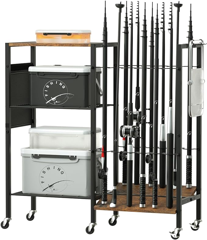 eteli fishing rod rack holder 12 rods fish pole stand cart organizer with side hooks bags wood metal fishing