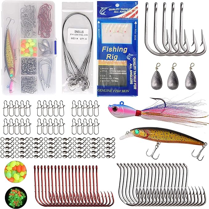 Saltwater Fishing Tackle Box Surf Fishing Tackle Bait Rigs Kit Sea Fishing Gear Set Include Fishing Lure Spoon Jigs Fishing Rig Pyramid Weights Wire Leaders Fishing Accessories