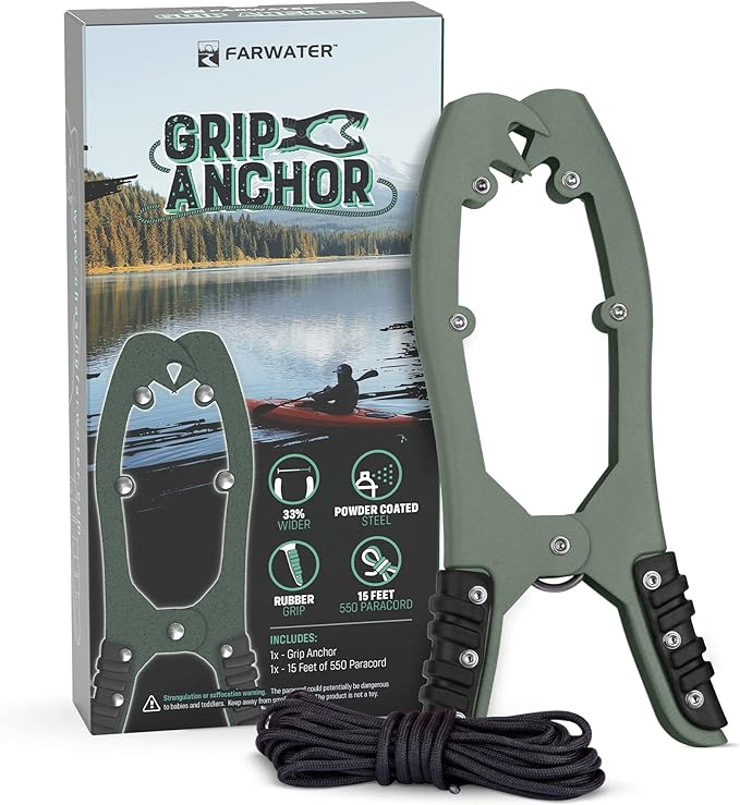 Farwater Canoe Anchor Grip Boat Float Tube And Kayak Fishing Accessories Kayaking Equipment Brush Clamp Anchor With Teeth Gripper With 15ft Paracord Rubber Grips Coated Steel