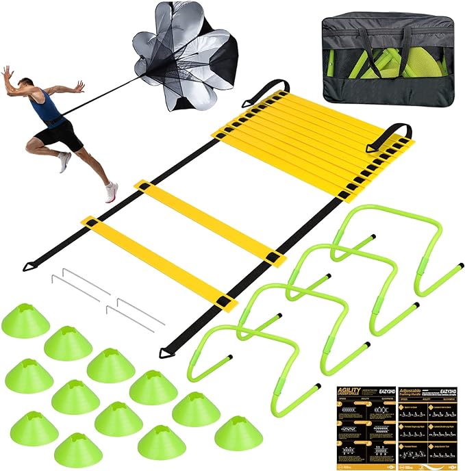 eazy2hd speed agility training set agility ladder 12 cones 4 adjustable hurdles parachute exercise workout