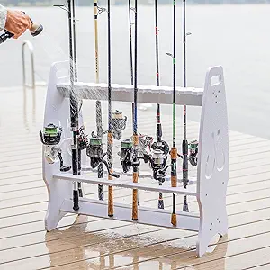 storeyourboard fishing rod storage rack holds 24 fishing rods and reels weatherproof indoor and outdoor