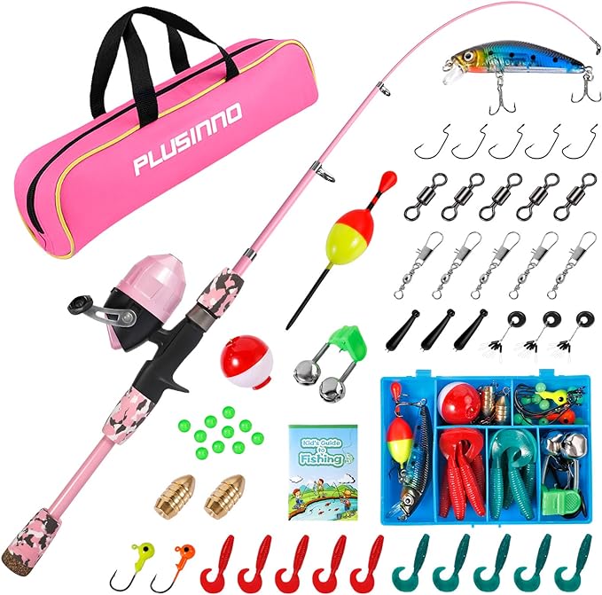 plusinno kids fishing pole with spincast reel telescopic fishing rod combo full kits for boys girls and